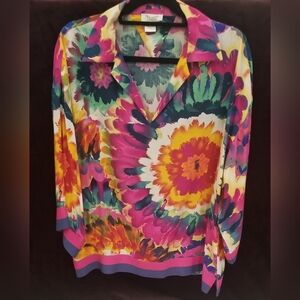 Tru Luxe Vivrant Floral Multicolor Women's V Nech Long Sleeve Top. SIze L